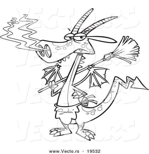 Vector of a Cartoon Dragon Wearing an Apron and Holding a Broom - Outlined Coloring Page