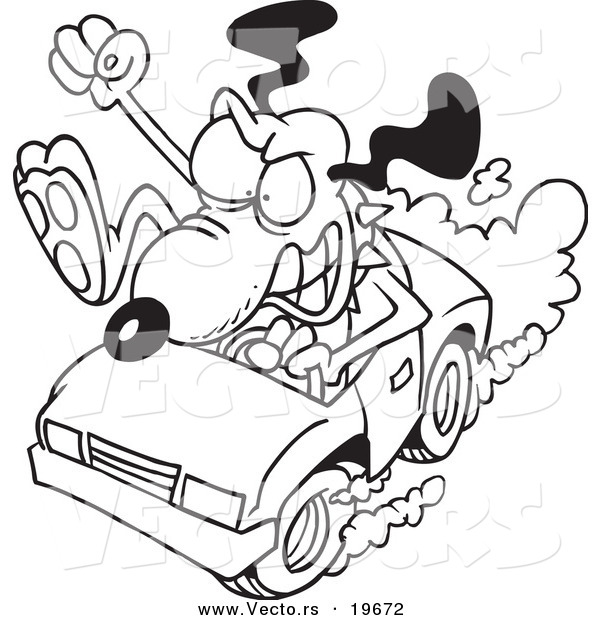 Vector of a Cartoon Driving Dog with Road Rage - Outlined Coloring Page