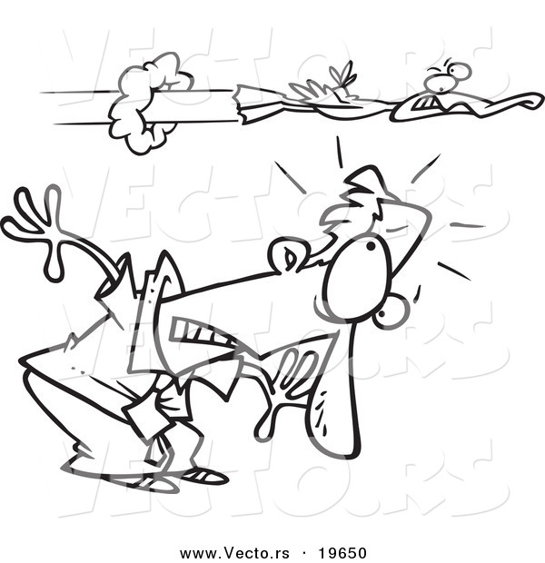 Vector of a Cartoon Duck Flying over a Ducking Businessman - Outlined Coloring Page