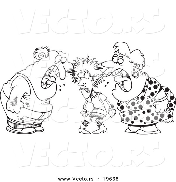 Vector of a Cartoon Dysfunctional Family Fighting - Outlined Coloring Page