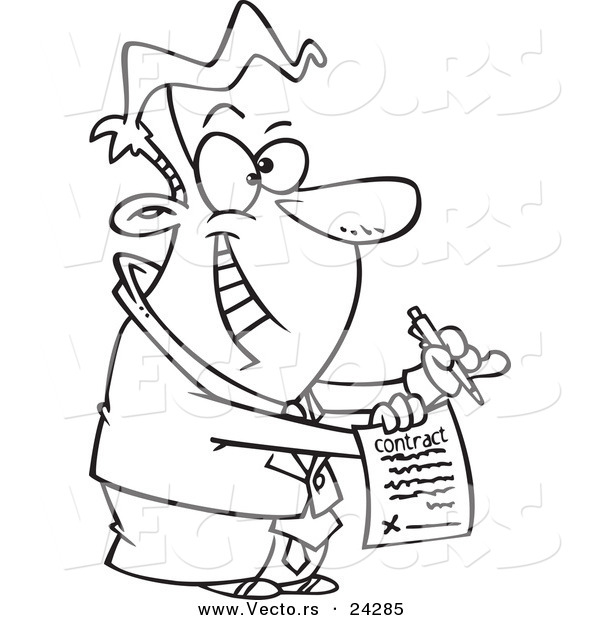 Vector of a Cartoon Eager Businessman Holding a Contract - Outlined Coloring Page