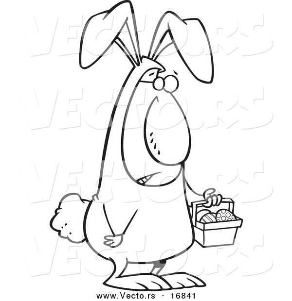 Vector of a Cartoon Easter Bunny Man Carrying a Basket - Coloring Page Outline
