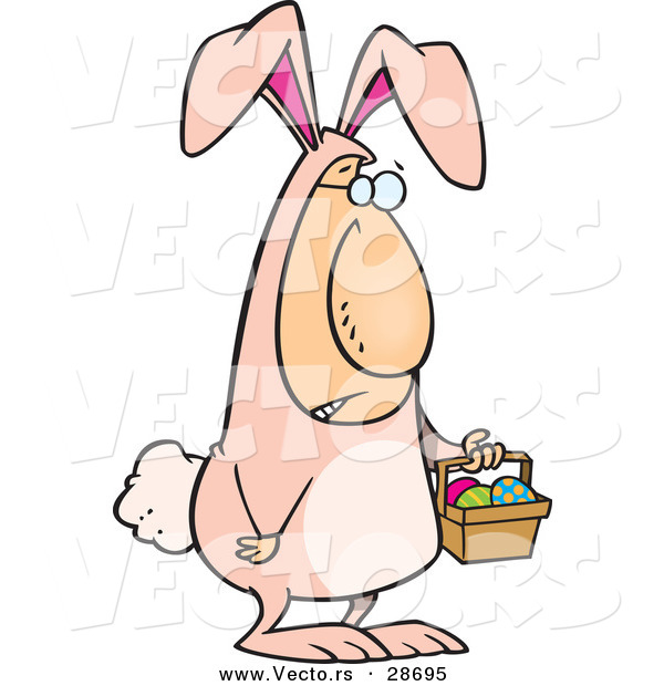Vector of a Cartoon Easter Bunny Man Carrying a Basket Full of Painted Eggs