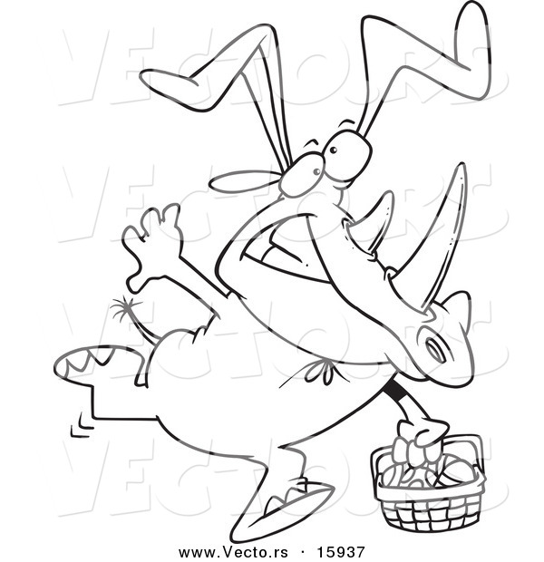 Vector of a Cartoon Easter Rhino Wearing Bunny Ears and Carrying a Basket - Outlined Coloring Page Drawing