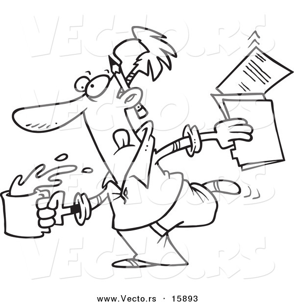 Vector of a Cartoon Editor Running with Coffee and Documents - Outlined Coloring Page Drawing