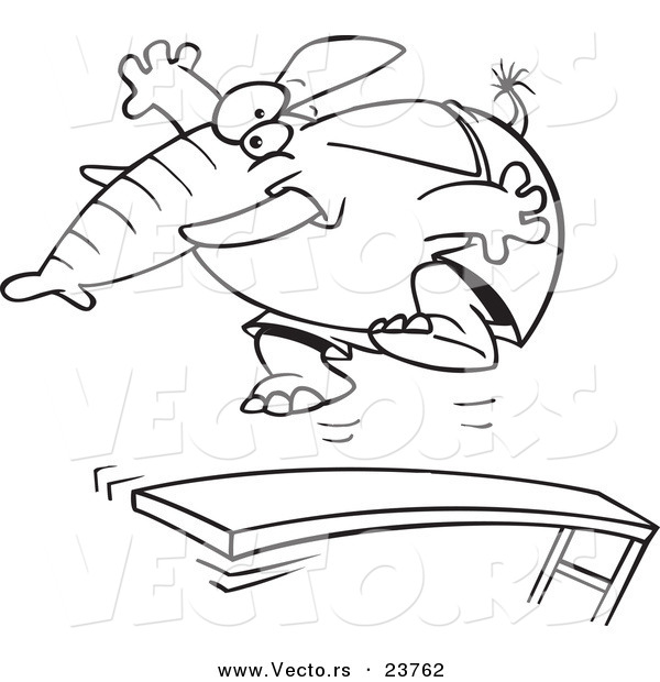 Vector of a Cartoon Elephant Jumping on a Diving Board - Coloring Page Outline