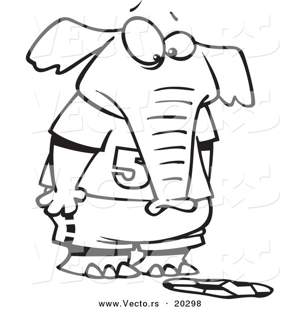 Vector of a Cartoon Elephant Staring at a Flattened Soccer Ball - Coloring Page Outline