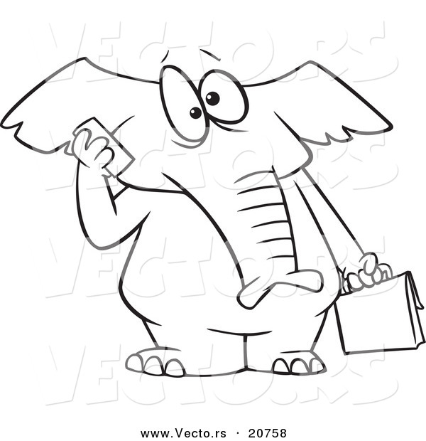 Vector of a Cartoon Elephant Talking on a Cell Phone - Coloring Page Outline
