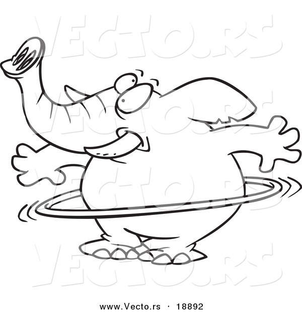 Vector of a Cartoon Elephant Using a Hula Hoop - Outlined Coloring Page