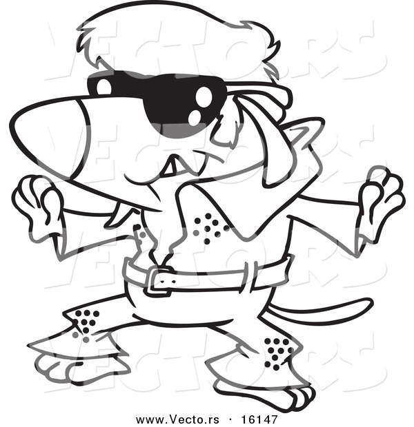 Vector of a Cartoon Elvis Impersonator Dog Dancing - Outlined Coloring Page Drawing
