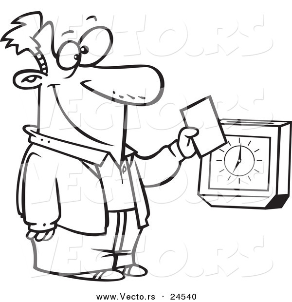 Vector of a Cartoon Employee Punching the Clock - Outlined Coloring Page
