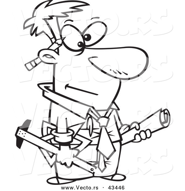 Vector of a Cartoon Engineer Carrying Blueprints and Tools - Coloring Page Outline