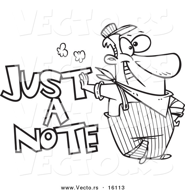 Vector of a Cartoon Engineer Leaning on Just a Note Text - Outlined Coloring Page Drawing