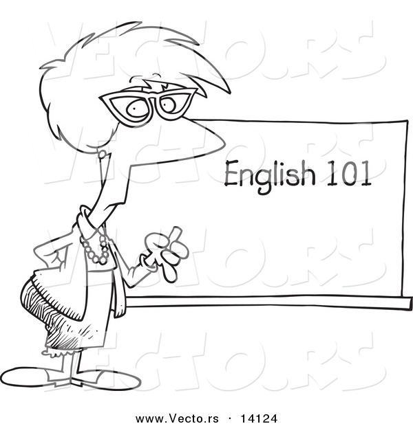 Vector of a Cartoon English 101 Teacher Standing by a Chalk Board - Coloring Page Outline