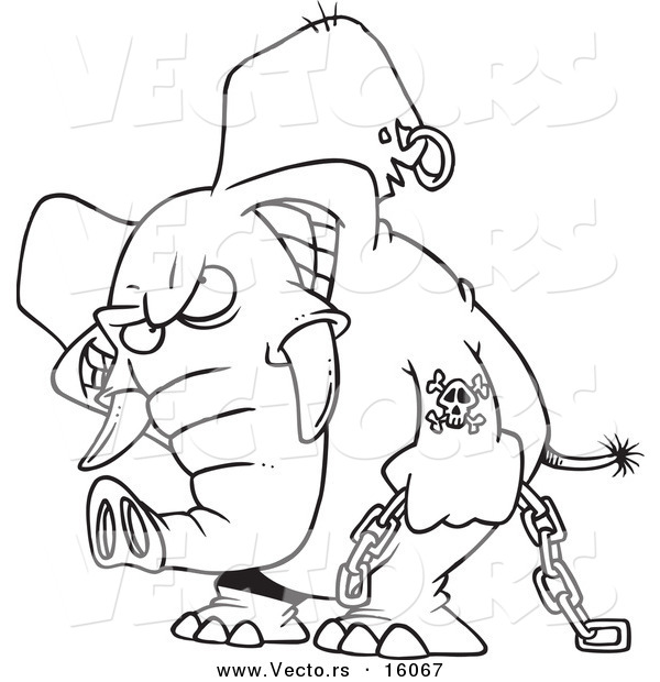 Vector of a Cartoon Evil Elephant Carrying a Chain - Outlined Coloring Page Drawing