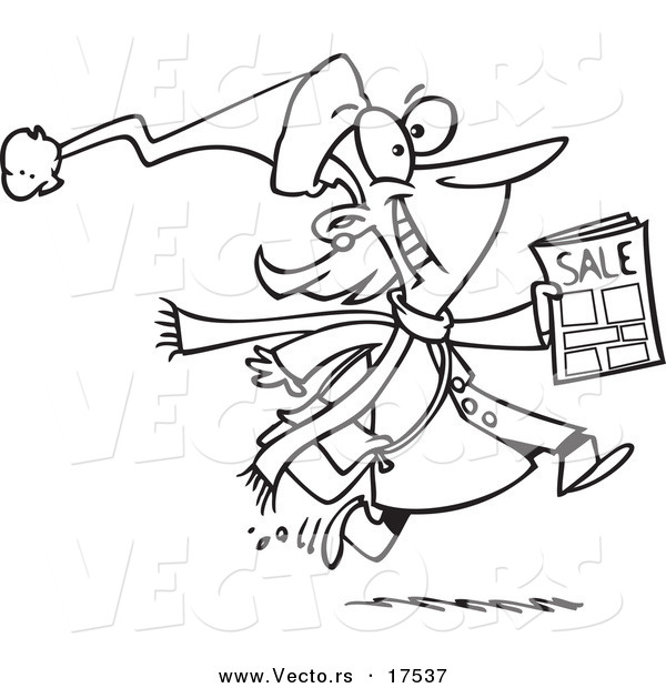 Vector of a Cartoon Excited Black Friday Shopper Running with a Sale Ad - Coloring Page Outline