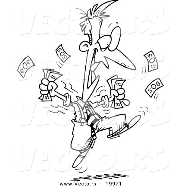 Vector of a Cartoon Excited Businessman Holding Cash - Outlined Coloring Page