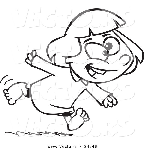Vector of a Cartoon Excited Girl Running in Her Pajamas - Outlined Coloring Page