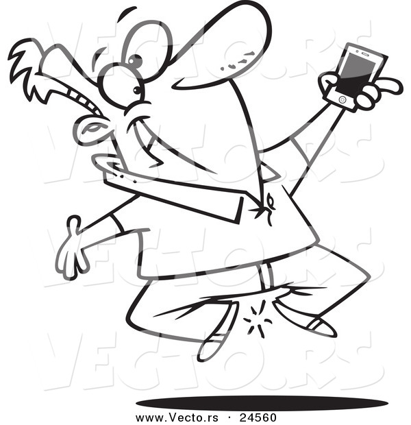 Vector of a Cartoon Excited Man Jumping with His New Cell Phone - Outlined Coloring Page