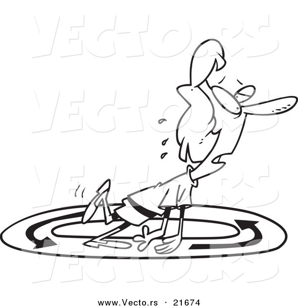 Vector of a Cartoon Exhausted Businesswoman Walking in Circles - Outlined Coloring Page