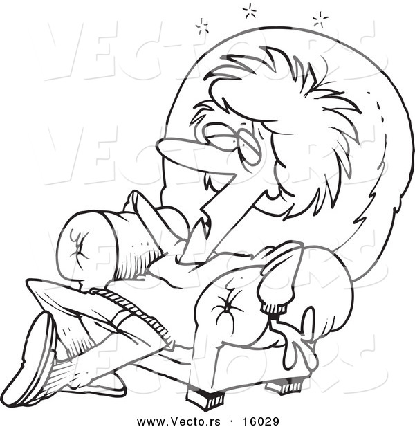 Vector of a Cartoon Exhausted Girl in an Arm Chair - Outlined Coloring Page Drawing