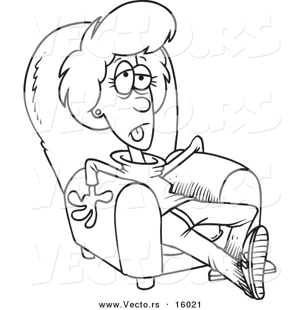 Vector of a Cartoon Exhausted Girl Sitting in an Arm Chair - Outlined Coloring Page Drawing