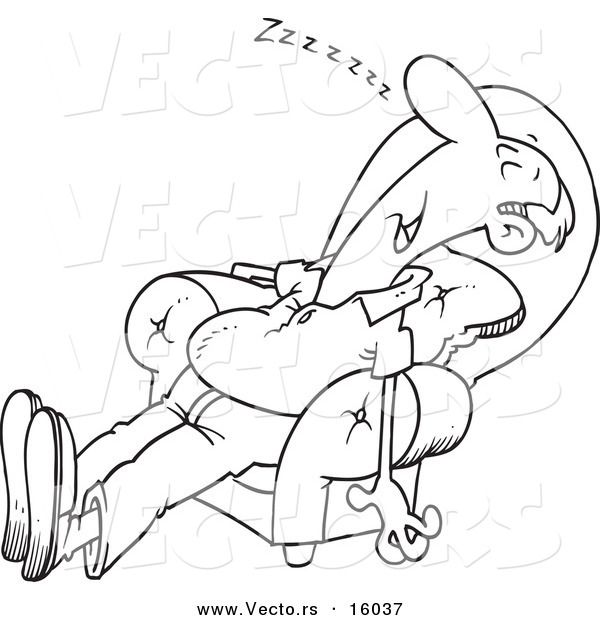 Vector of a Cartoon Exhausted Man Sleeping in an Arm Chair - Outlined Coloring Page Drawing