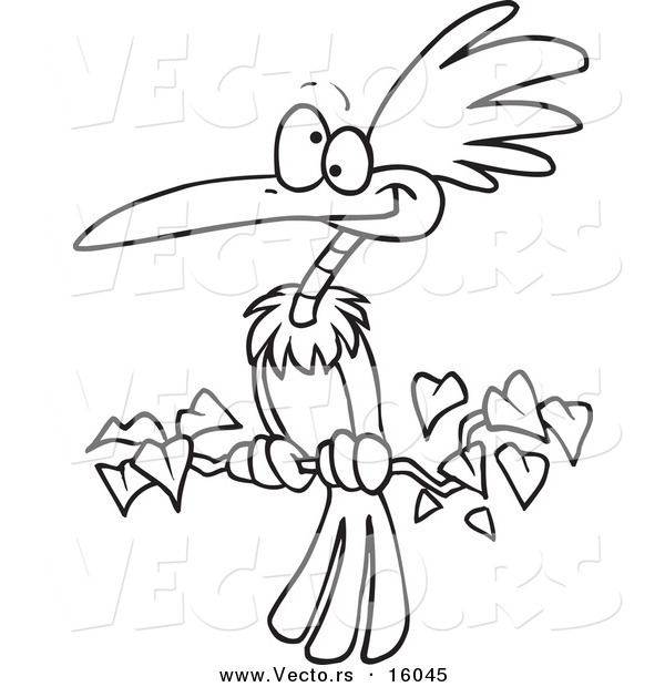 Vector of a Cartoon Exotic Bird Perched on a Branch - Outlined Coloring Page Drawing