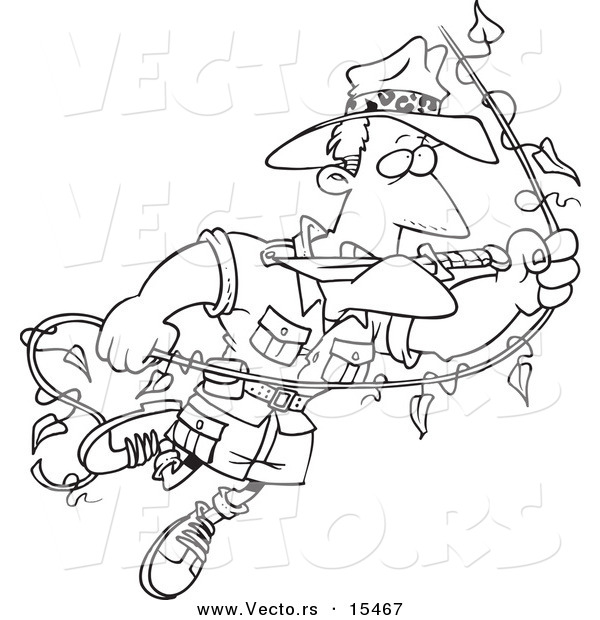 Vector of a Cartoon Explorer Man Swinging on a Vine - Coloring Page Outline