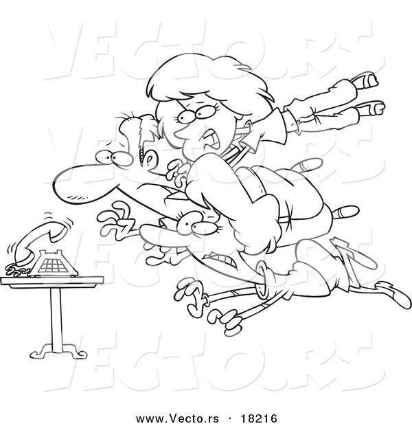 Vector of a Cartoon Family Diving for a Ringing Phone - Outlined Coloring Page