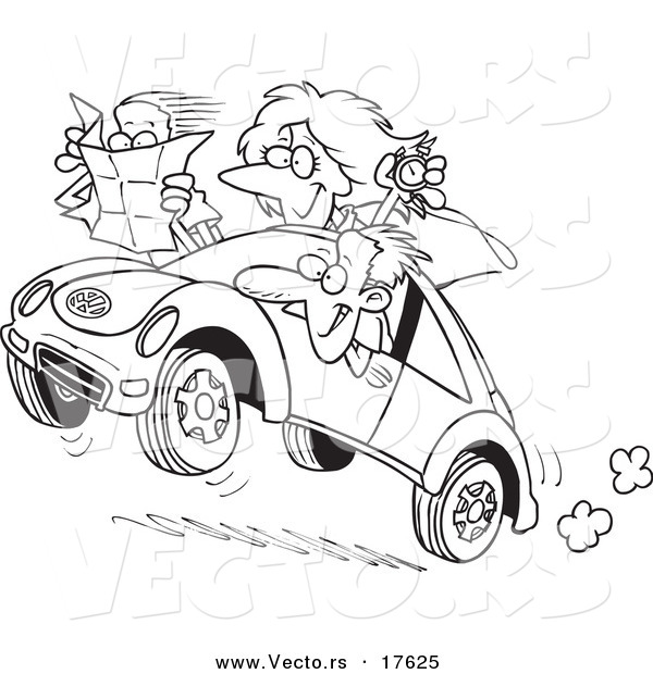 Vector of a Cartoon Family Driving a Rally - Coloring Page Outline