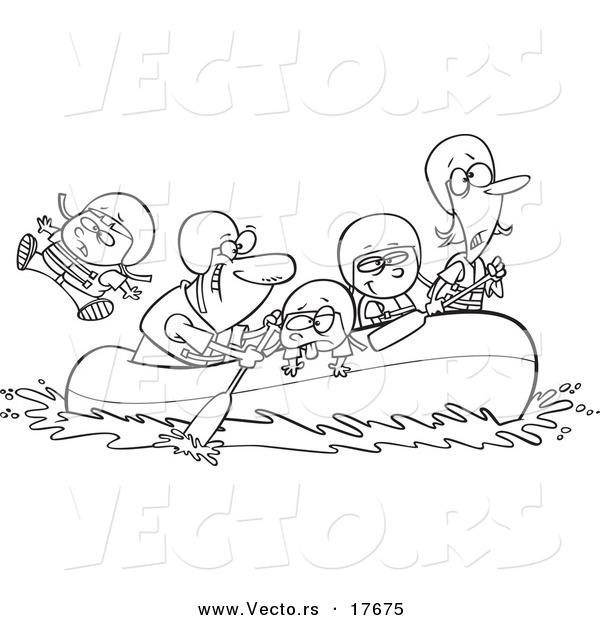 Vector of a Cartoon Family Rafting - Coloring Page Outline
