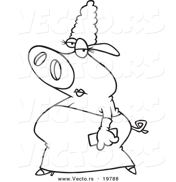 Vector of a Cartoon Fancy Pig in a Dress - Outlined Coloring Page