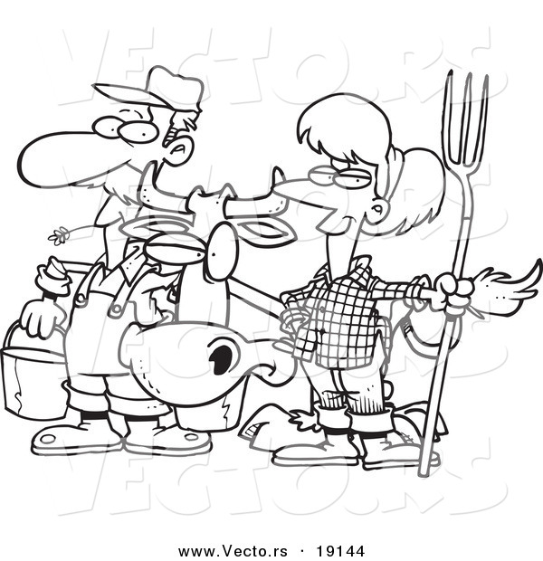 Vector of a Cartoon Farmer Couple with a Cow - Outlined Coloring Page