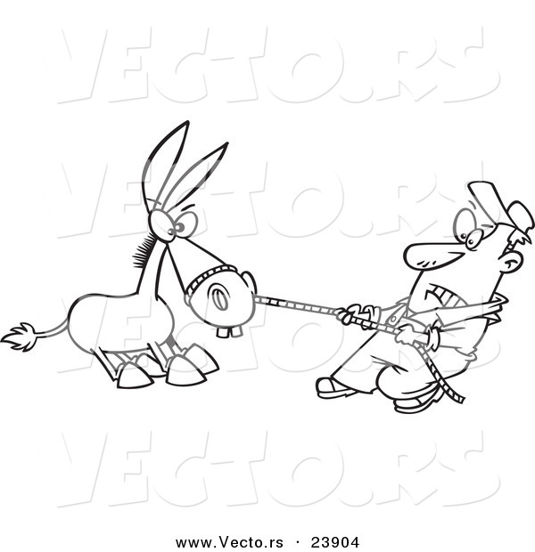 Vector of a Cartoon Farmer Pulling a Stubborn Mule - Coloring Page Outline