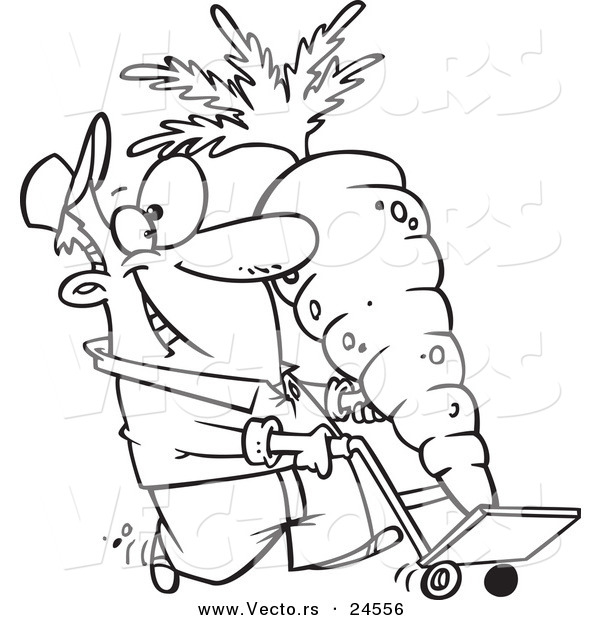 Vector of a Cartoon Farmer Pushing a Big Carrot on a Dolly - Outlined Coloring Page