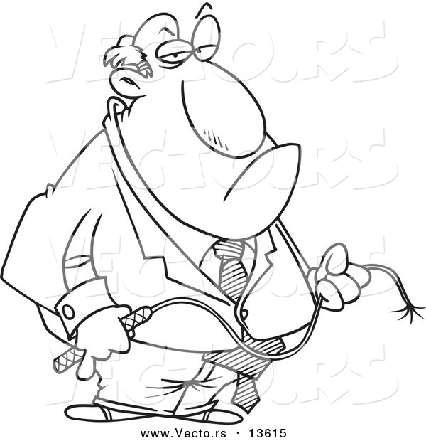 Vector of a Cartoon Fat Businessman Holding a Whip - Coloring Page Outline
