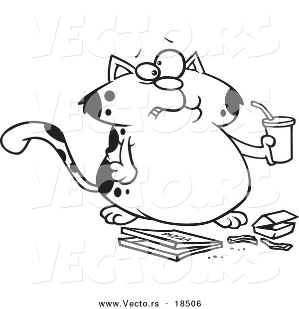 Vector of a Cartoon Fat Cat Sipping Soda and Eating Fast Food - Outlined Coloring Page