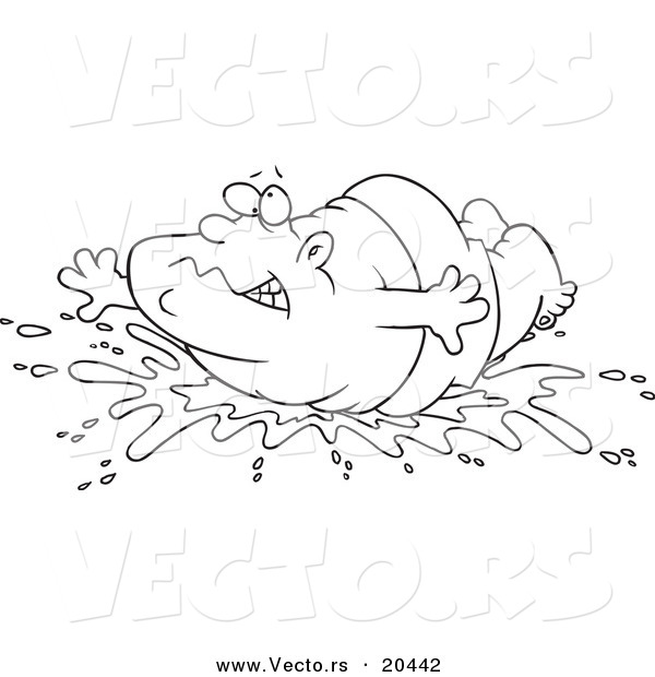 Vector of a Cartoon Fat Man Doing a Belly Flop - Coloring Page Outline
