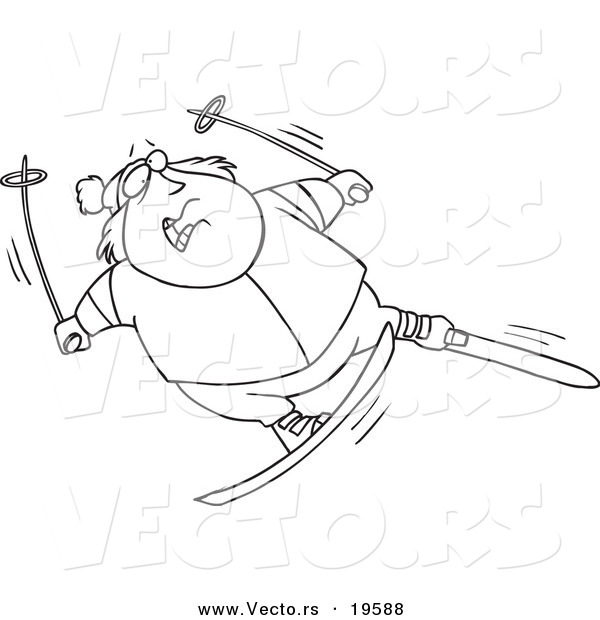 Vector of a Cartoon Fat Man Skiing - Outlined Coloring Page