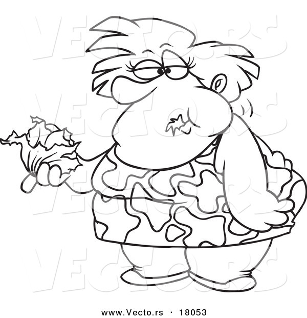 Vector of a Cartoon Fat Woman Eating a Head of Lettuce - Outlined Coloring Page