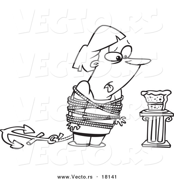 Vector of a Cartoon Fat Woman Tied up Next to Cake - Outlined Coloring Page