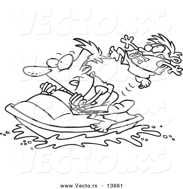 Vector of a Cartoon Father and Son Riding a Jet Ski - Coloring Page Outline