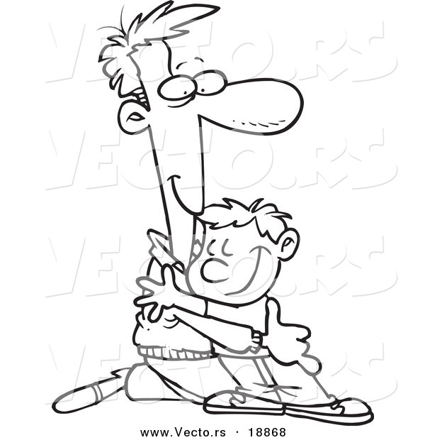 Vector of a Cartoon Father Kneeling to Hug His Son - Outlined Coloring Page