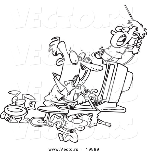 Vector of a Cartoon Father Working from Home - Outlined Coloring Page
