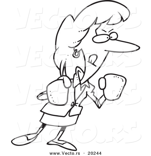 Vector of a Cartoon Feisty Businesswoman Wearing Boxing Gloves - Outlined Coloring Page
