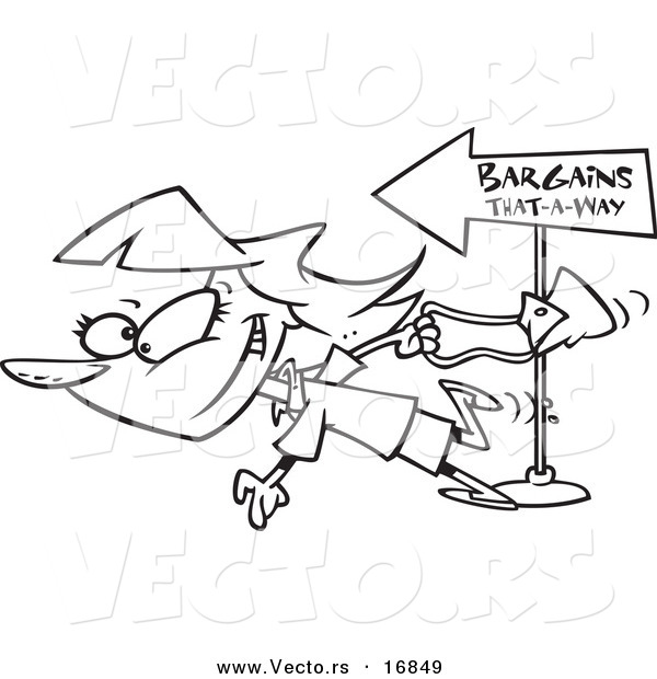 Vector of a Cartoon Female Bargain Shopper Following Signs - Coloring Page Outline