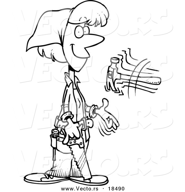 Vector of a Cartoon Female Carpenter Holding a Saw and Tossing a Hammer - Outlined Coloring Page