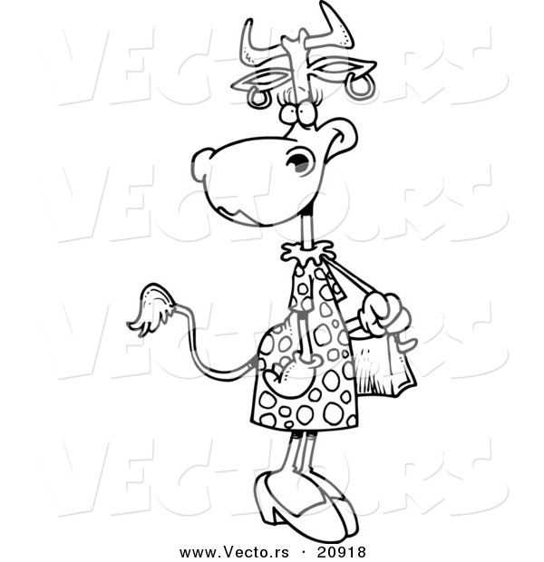 Vector of a Cartoon Female Cow Carrying a Purse - Coloring Page Outline