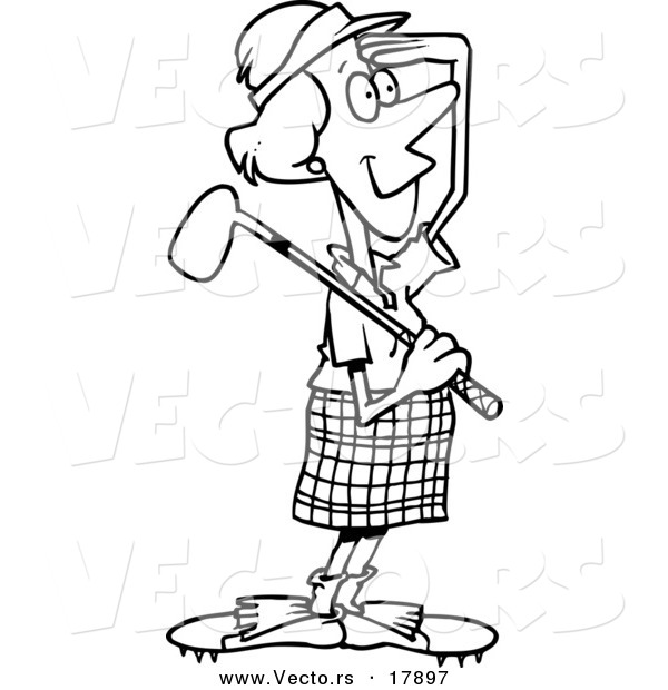 Vector of a Cartoon Female Golfer Viewing - Outlined Coloring Page